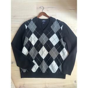 Men's Brooks Brothers Argyle Sweater Scottich Lambswool Black Gray Size XL Twee